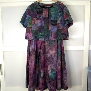 Handmade Quilted Cropped Button Down Blouse & Skirt Set Tie Dye Metallic Detail